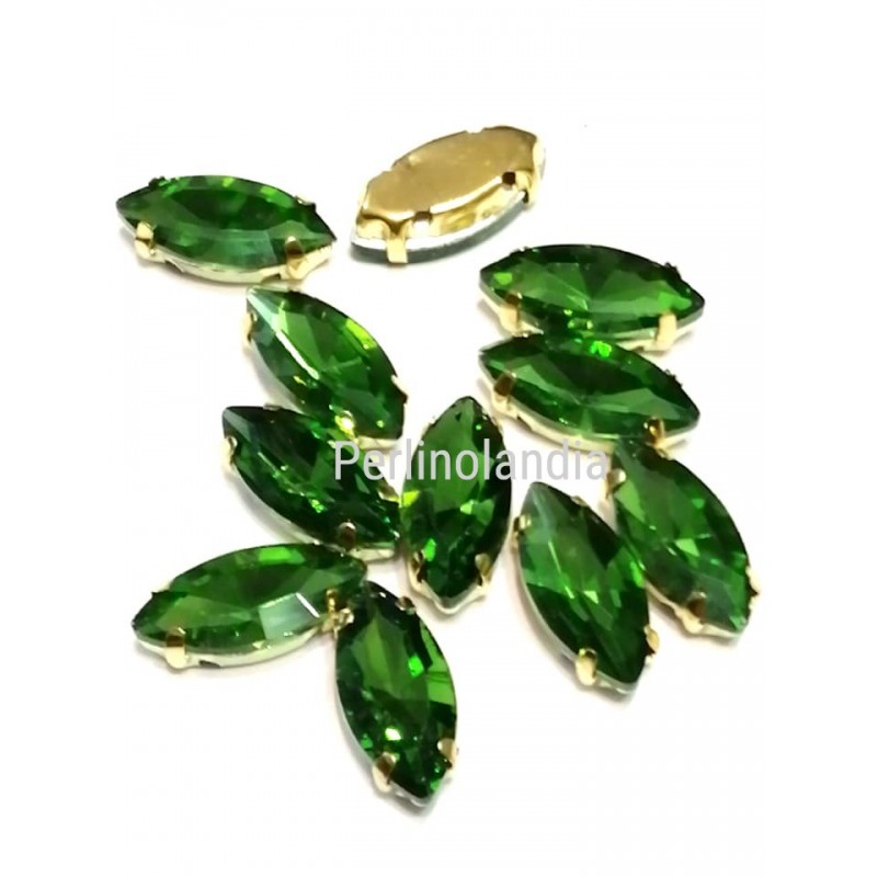 Navette in vetro con castone  7x15m - Green  -2...