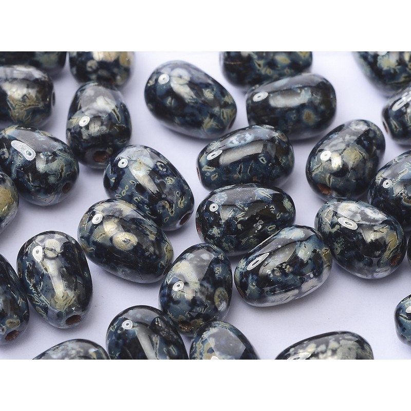 Drops 11x8mm-Bohemian Glass-Jet Picasso- 4 Pieces