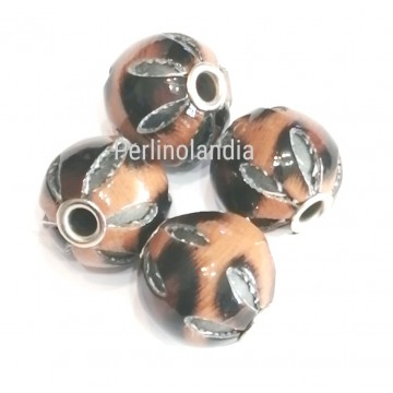 Perline rivestite in pelle 14 mm - marrone - 4 pezzi