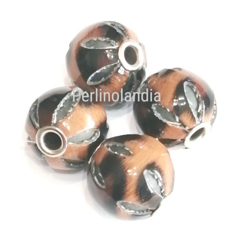 Perline rivestite in pelle 14 mm - marrone - 4...
