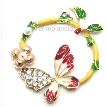 Ciondolo cerchietto farfallina rossa e brillantini - 25 mm - 1pezzo