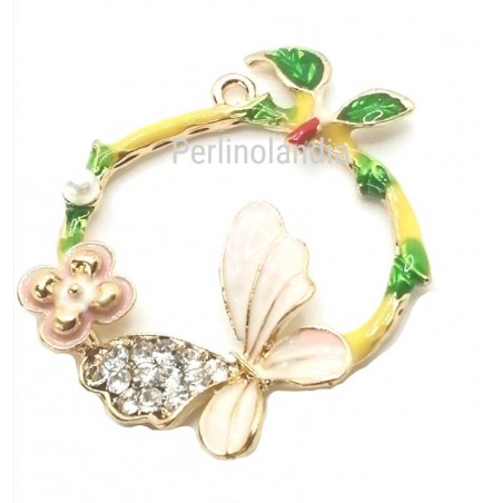 Ciondolo cerchietto farfallina rosa e brillantini - 25 mm - 1pezzo