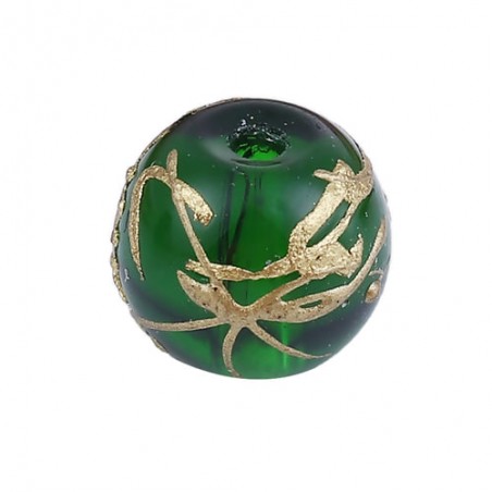 Perline 8mm - Verde - vetro con decorazione oro- 5 pezzi
