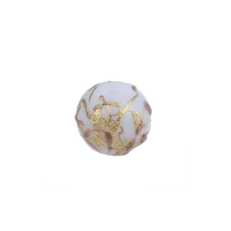 Perline 8mm - Bianco - vetro con decorazione oro- 5 pezzi