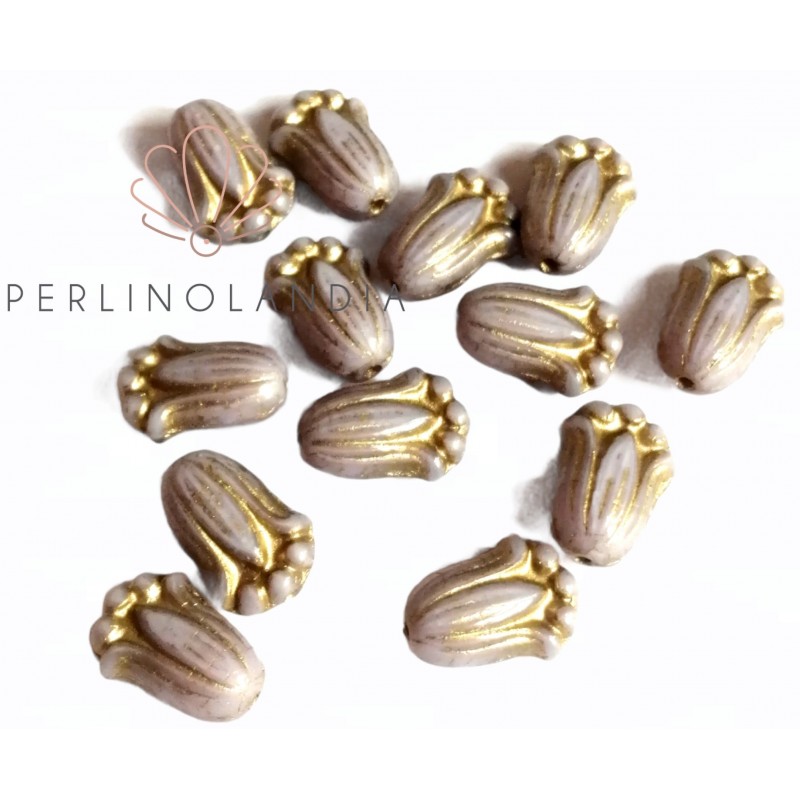 Tulip Bud Beads 12x8mm -  Opaque Lavander Gold...