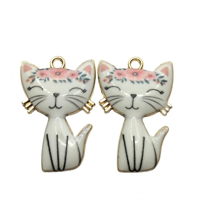 ciondolo gattino 3x2cm- smaltato - bianco - 2...