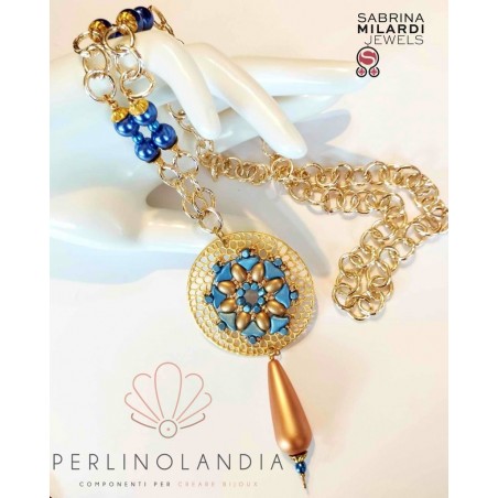 collana medaglione decorato - azzurrro/dorato -Gioiello Finito - Handmade - Di Sabrina Milardi