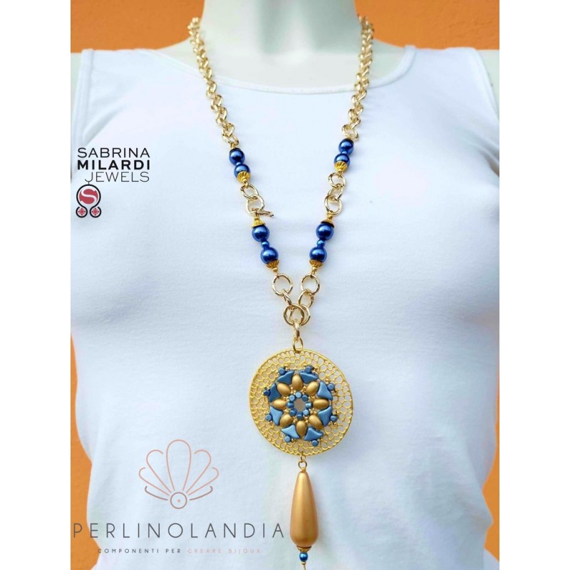 collana medaglione decorato - azzurrro/dorato...